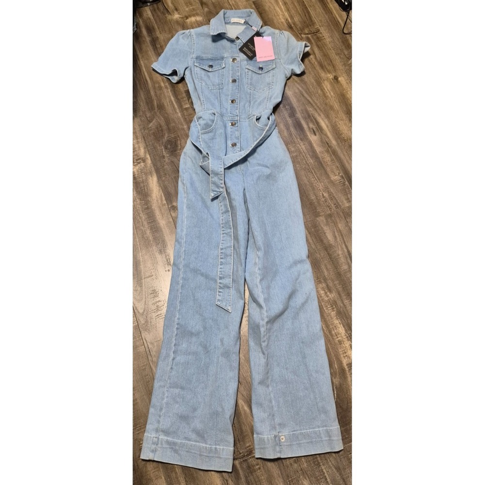 Avec Les Filles Light Wash Denim Short Sleeve Jumpsuit
